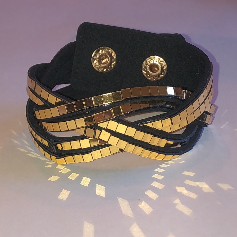 Multi-Row Black Gold Tone Metallic Tile Wrap Bracelet